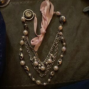 Elegant Pearl and Chain Necklace with Pink Ribbon